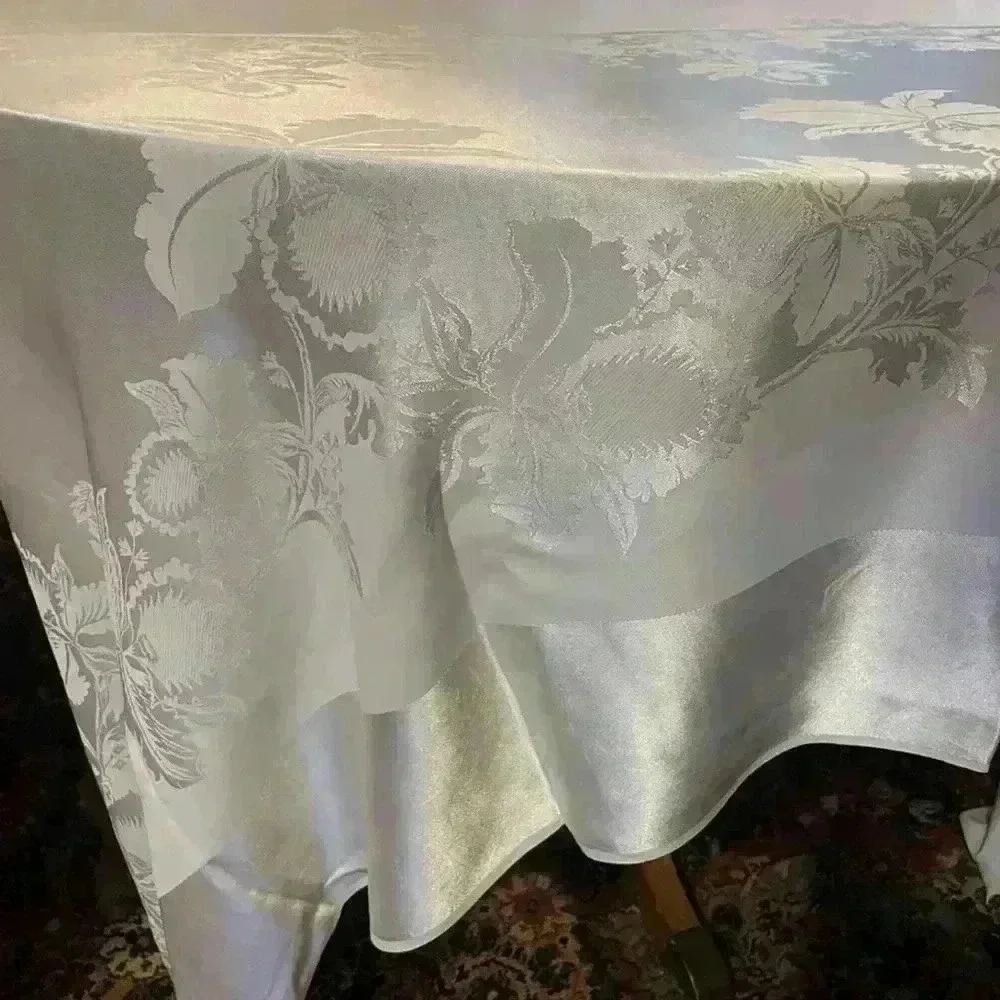 Vintage Ivory Damask Rectangular Tablecloth | Floral Jacquard Elegant Wedding